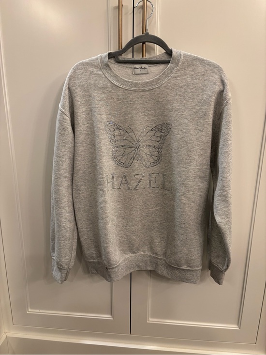 hazel Tops - Hazel Boutique Light Gray Crewneck Sweatshirt with Rhinestone Butterfly - medium
